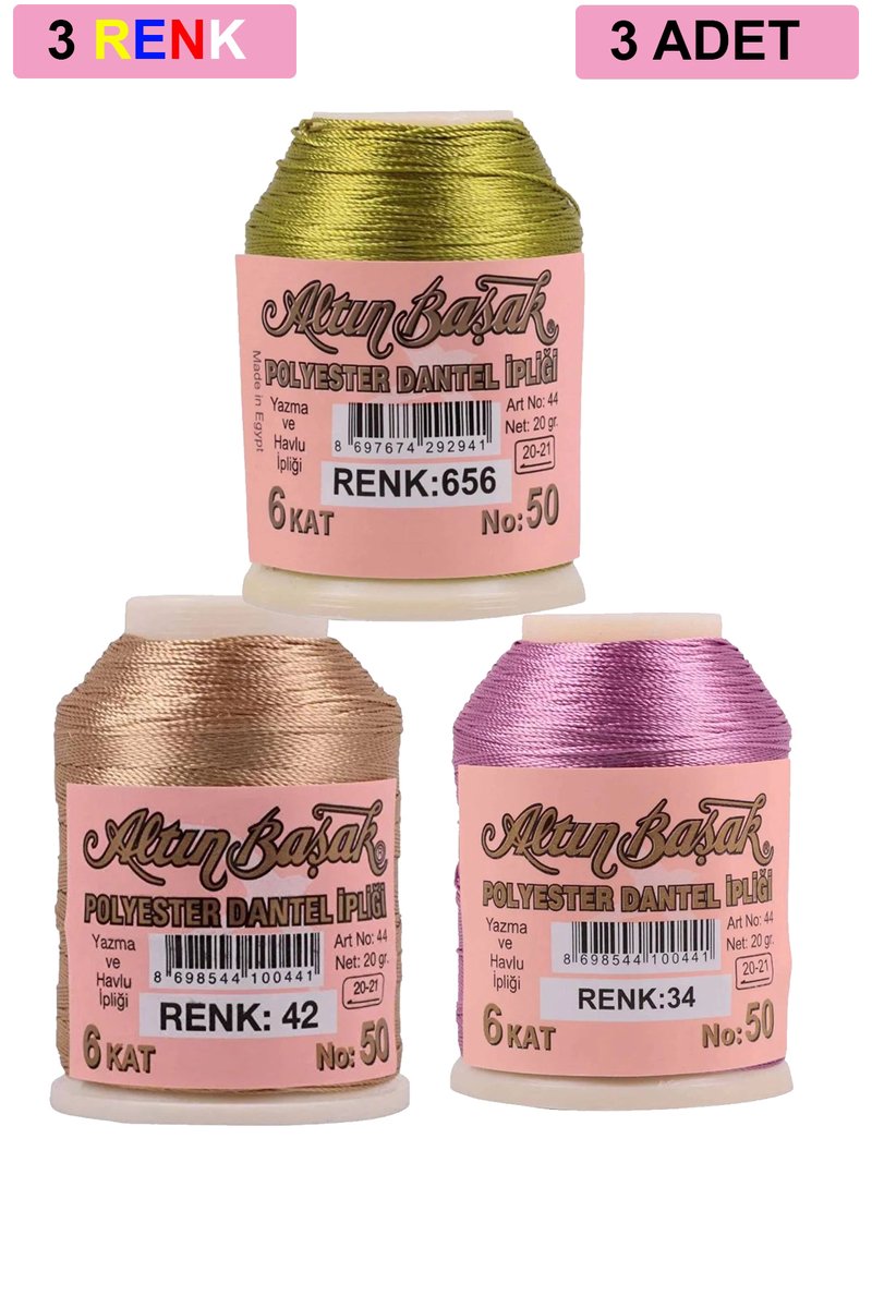 3 Adet Altınbaşak Oya ve Dantel İpi 20 gr - - No: 042 - 034 - 656