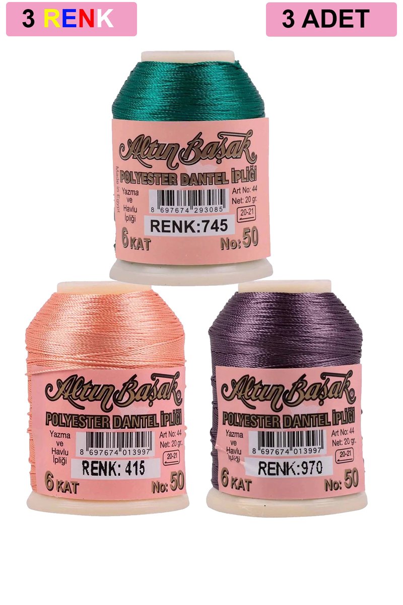 3 Adet Altınbaşak Oya ve Dantel İpi 20 gr - - No: 415 - 970 - 745