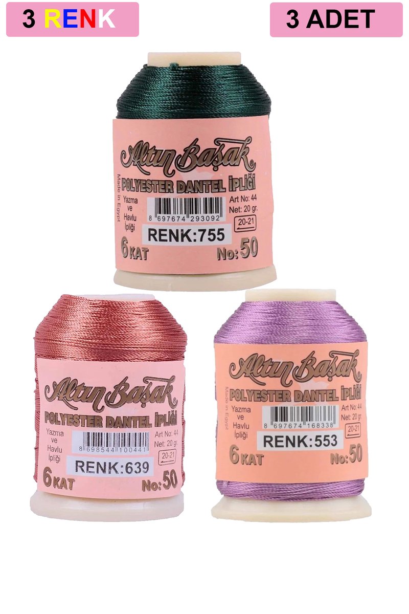 3 Adet Altınbaşak Oya ve Dantel İpi 20 gr - - No: 639 - 553 - 755