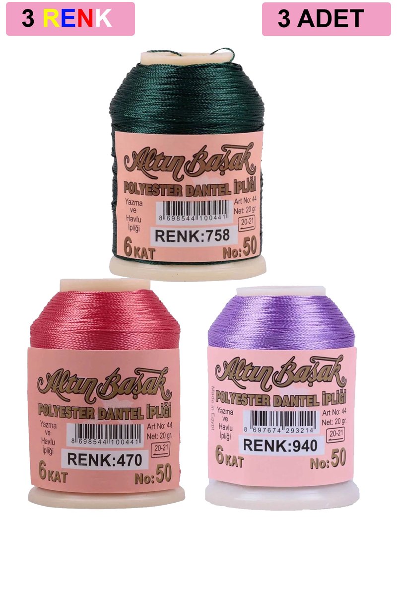 3 Adet Altınbaşak Oya ve Dantel İpi 20 gr - - No: 470 - 940 - 758