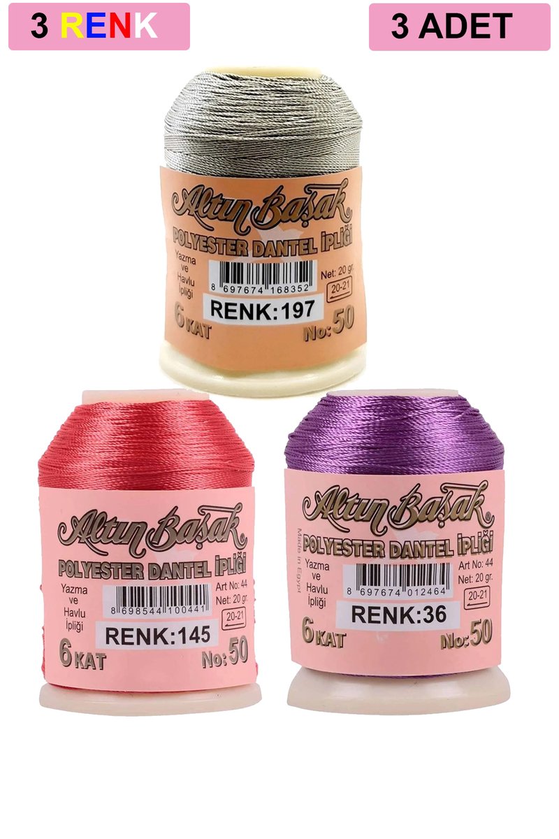 3 Adet Altınbaşak Oya ve Dantel İpi 20 gr - - No: 145 - 036 - 197