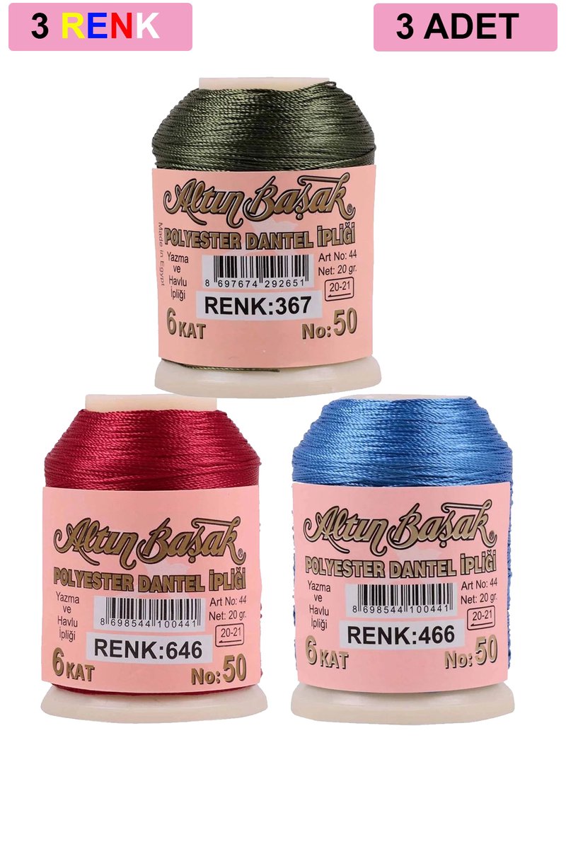 3 Adet Altınbaşak Oya ve Dantel İpi 20 gr - - No: 646 - 466 - 367