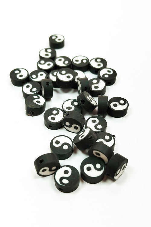 30 Adet 10 mm Polimer Kil Fimo Boncuk Takı Bileklik + 1 Metre Lastikli Misina Hediye - Yin Yang - görsel 2