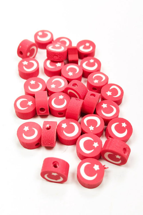30 Adet 10 mm Polimer Kil Fimo Boncuk Takı Bileklik + 1 Metre Lastikli Misina Hediye - Türk Bayrağı - görsel 2