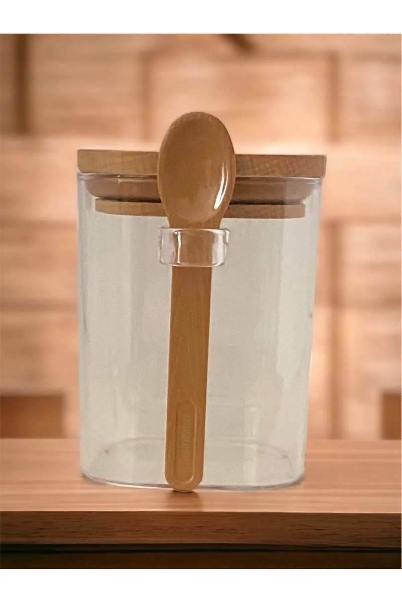 Kare Bambu Kapaklı Kaşıklı kristal plastik Baharat Saklama Kabı 500ml ( 1 adet )