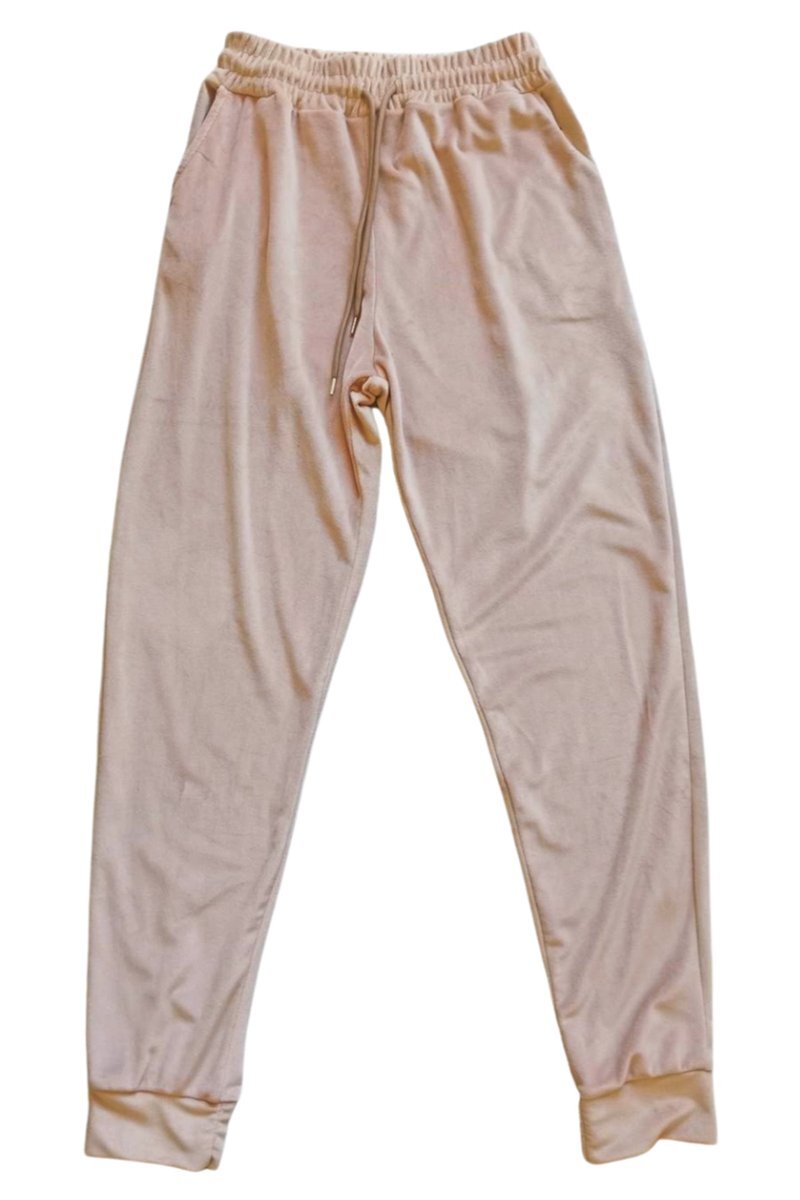 Parlak Kadife Cepli Pantolon Eşofman Pijama Altı Unisex Lastikli Paça Bej - S