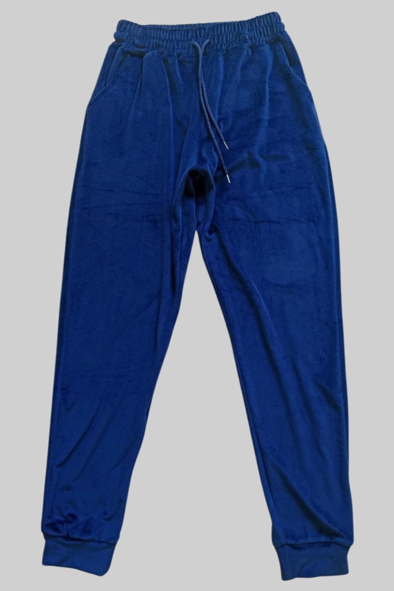 Parlak Kadife Cepli Pantolon Eşofman Pijama Altı Unisex Lastikli Paça Lacivert - S