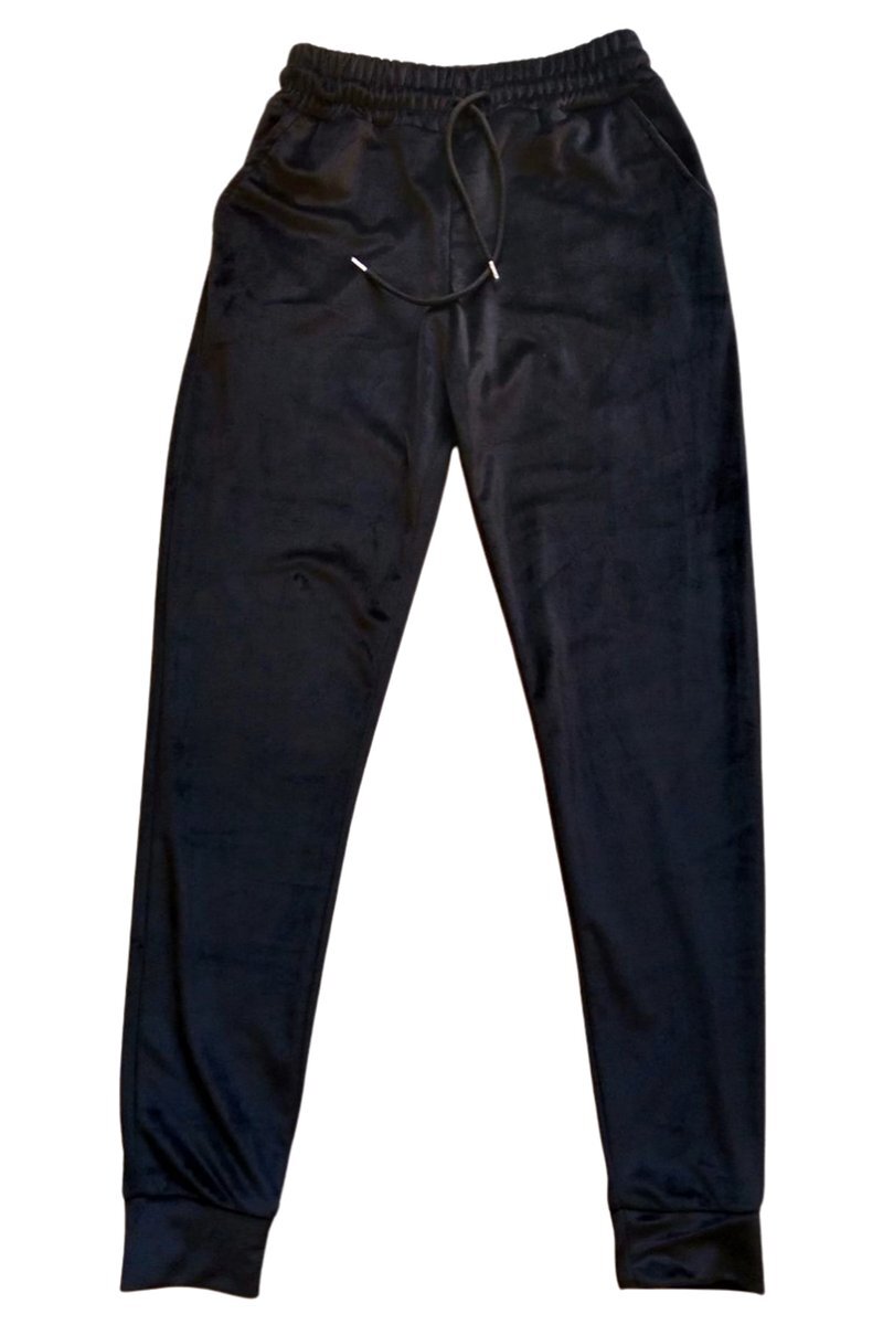 Parlak Kadife Cepli Pantolon Eşofman Pijama Altı Unisex Lastikli Paça Siyah - S