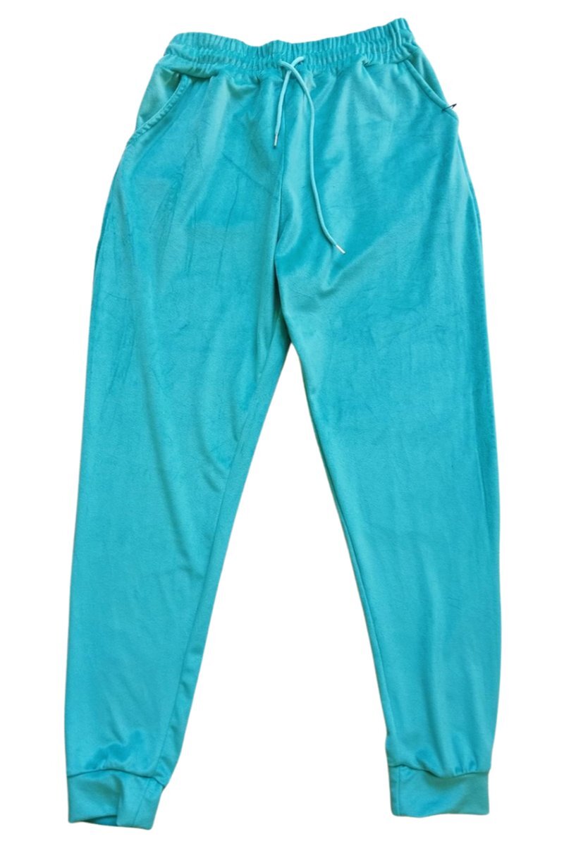 Parlak Kadife Cepli Pantolon Eşofman Pijama Altı Unisex Lastikli Paça Yeşil - S