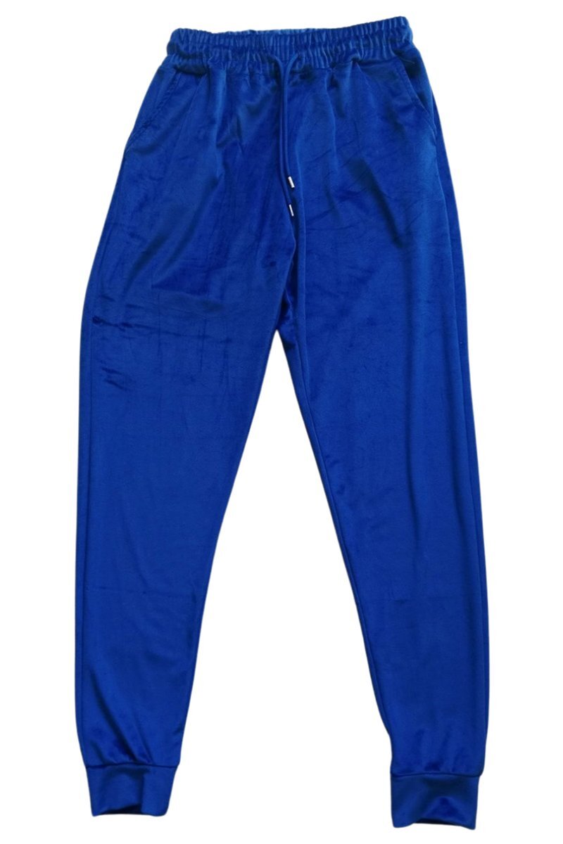 Parlak Kadife Cepli Pantolon Eşofman Pijama Altı Unisex Lastikli Paça Mavi - S
