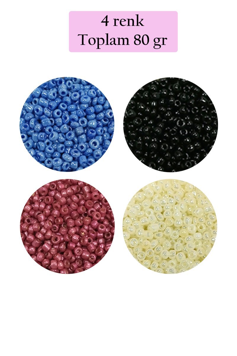 Dökme Cam Kum Boncuk (11/0) 2 mm - 4 Renk - Toplam 80 Gram - BNC401