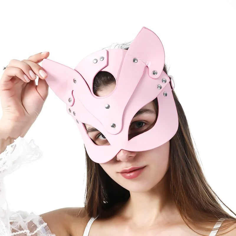 Fantezi Deri Seksi Pembe Kedi Maskesi