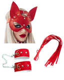 Fantezi Deri Seksi Kırmızı Kedi Maske Kelepçe Kırbaç Seti ( 3'lü set) - 1