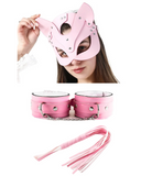 Fantezi Deri Seksi Pembe Kedi Maske Kelepçe Kırbaç Seti ( 3'lü set) - 1