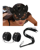 Fantezi Deri Seksi Siyah Kedi Maske Kelepçe Kırbaç Seti ( 3'lü set) - 1