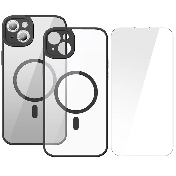 Baseus Frame Series iPhone 14 6.1 Kamera Koruyuculu Magsafe Kılıf + Tempered Ekran Koruyucu Set - Siyah