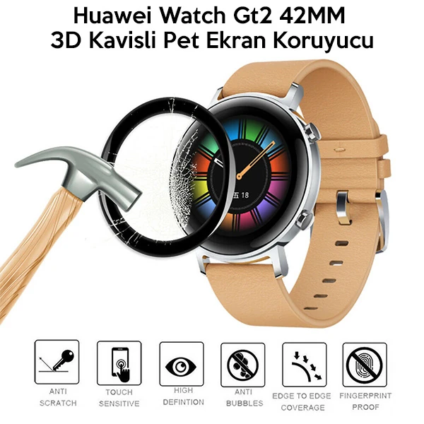 Huawei Watch Gt2 42MM 3D Kavisli Pet Ekran Koruyucu - Siyah