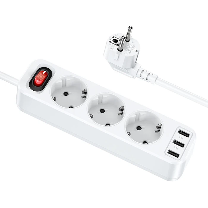 Hoco NS2 3'lü Priz 3 USB 4000W 1.8 Metre Şarj Uzatma Kablosu Akım Korumalı - Beyaz