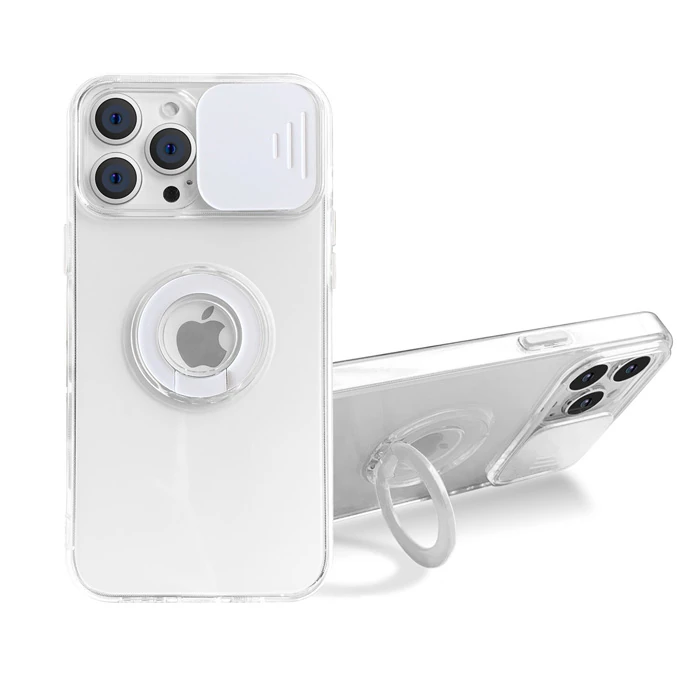 Ally iPhone 13 Pro 6.1 inç Kılıf Sürgülü Kamera Lens Korumalı Yüzük Standlı Silikon Kılıf - Beyaz