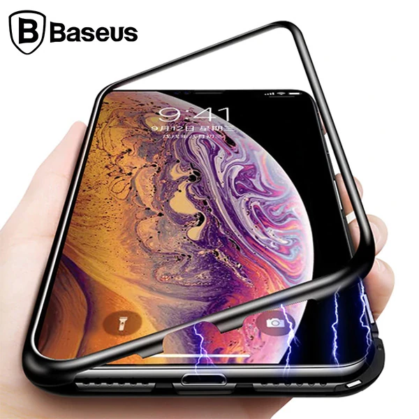 Baseus İPhone Xs Max Arkası Cam Manyetik Metal Frame Kılıf - Siyah