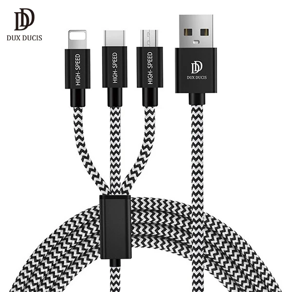 DUX Ducıs 3in1 Usb Type C-İPhone Ve Mikro Kopmaz Usb kablo Hızlı Şarj - Siyah-Gri