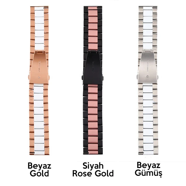 22MM Gear S3 Watch 4 -GT2 GT2E 46MM KayışKordon Seramik Paslanmaz Çelik - Beyaz-Gold