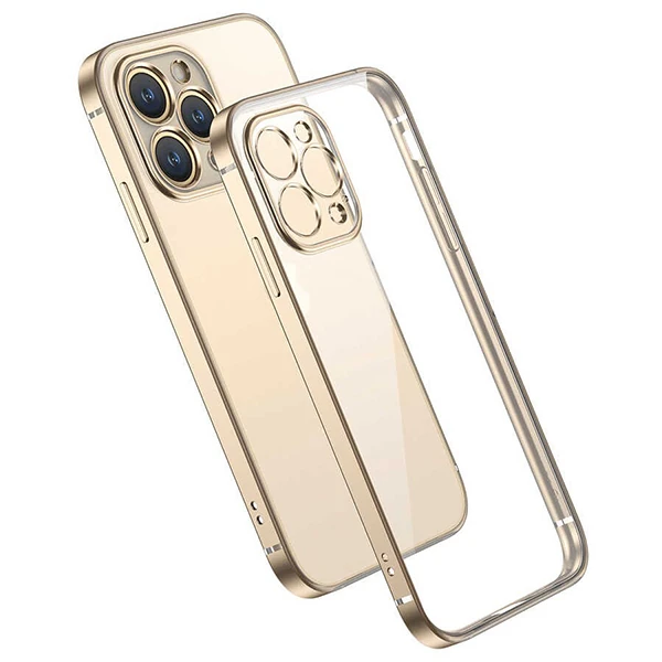 iPhone 13 Pro Renkli Kenar Şeffaf Kılıf Kamera Korumalı Silikon Kılıf - Gold
