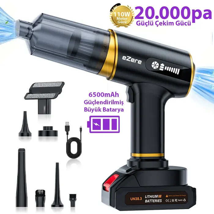 Ezere ST-6609C 20000pa Güçlü Dijital Göstergeli Vakumlu Kablosuz Üflemeli Araç Süpürgesi - Siyah