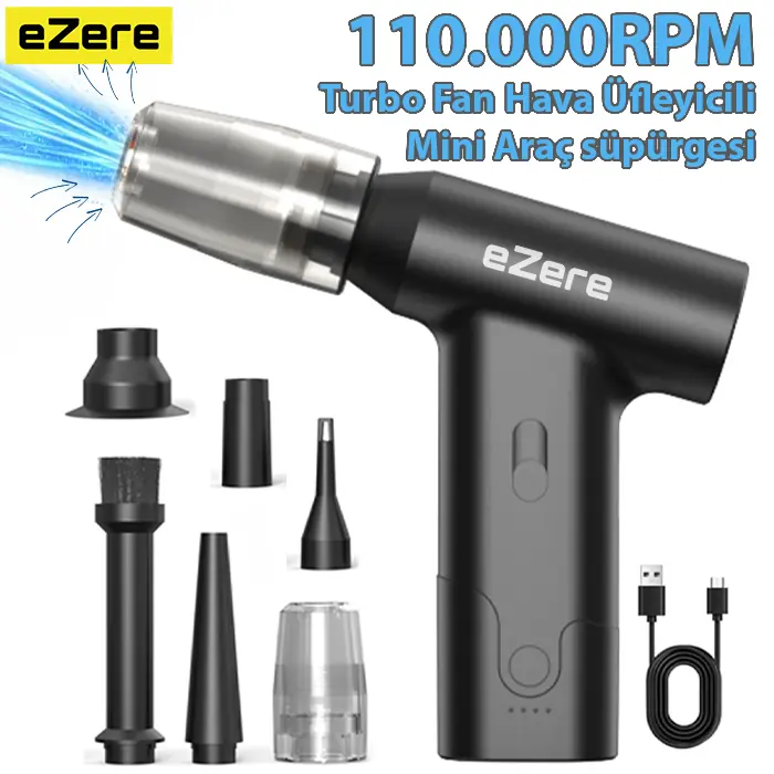 Ezere J02 Çift fonksiyonlu mini Araç süpürgesi & Turbo Fan Hava üfleyici - Siyah
