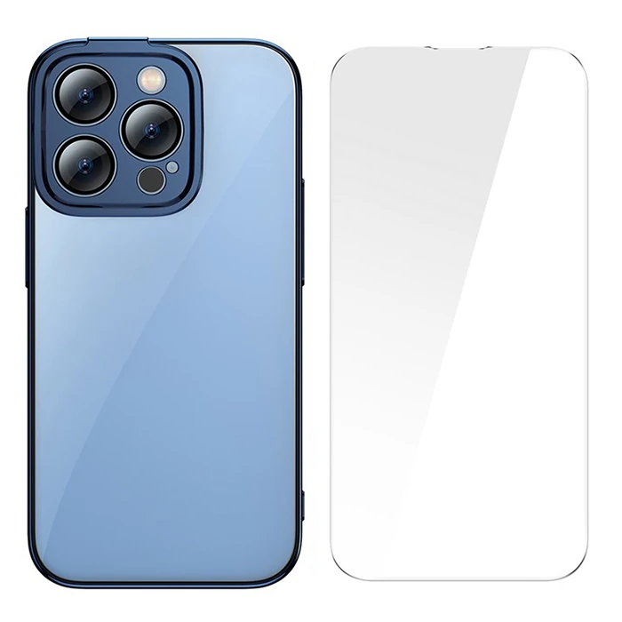 Baseus Glitter iPhone 14 Pro Max 6.7 Renkli Kenar Silikon Kılıf + Tempered Ekran Koruyucu Set - Siyah