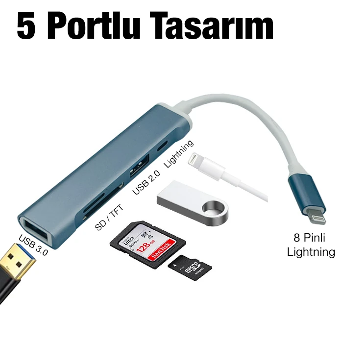 Ally S-503 5in1 Lightning to USB + SD Kart Hub Adaptör Çevirici Dönüştürücü - Füme