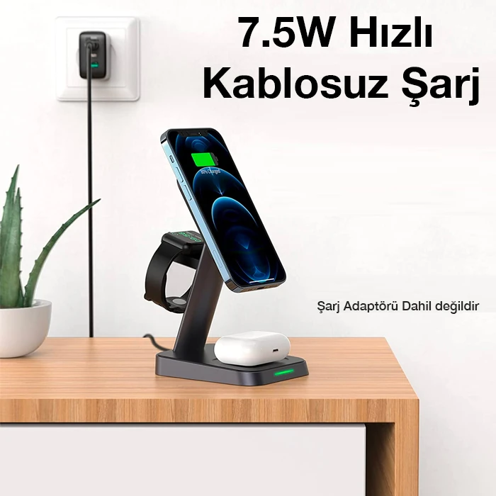 Ally W68 15W 3in1 Manyetik ve Katlanabilir Portatif Masaüstü Kablosuz Şarj Standı - Siyah