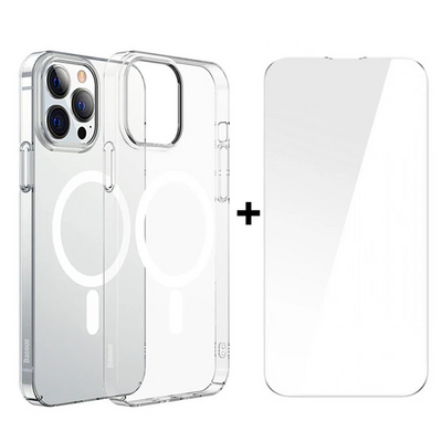 Baseus Crystal iPhone 13 Pro Max 6.7 Magsafe Silikon Kılıf + Tempered Ekran Koruyucu Set