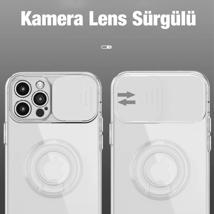 Ally iPhone 13 Pro 6.1inç Kılıf Sürgülü Kamera Lens Korumalı Yüzük Standlı Silikon Kılıf - Beyaz