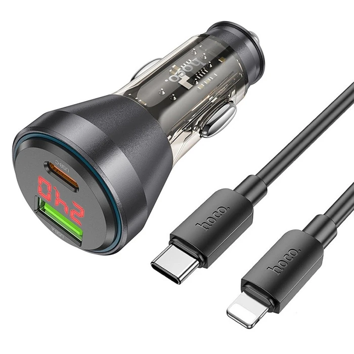 Hoco NZ12B Unimpeded PD48W USB + Type-C Araç Çakmaklı Hızlı Şarj Aleti + Type-C to iPhone Kablo - Siyah