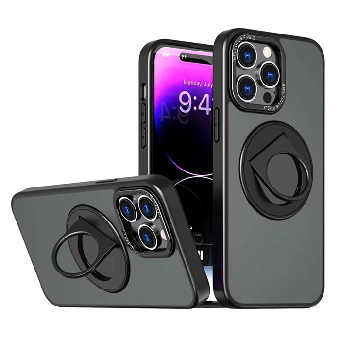 Ally iPhone 14 Pro Max İçin Magsafe Uyumlu Yüzük Standlı Manyetik Silikon Kılıf - Siyah