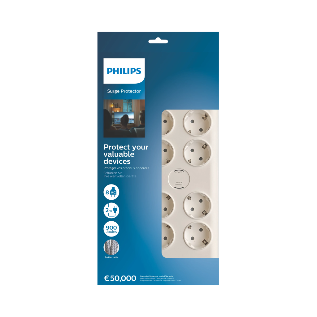 Philips Phılıps SPN7080WA/62 8 Soket Akım Korumalı Priz 900 Joules 2Mt Örgülü Kablo (Beyaz)(1923)