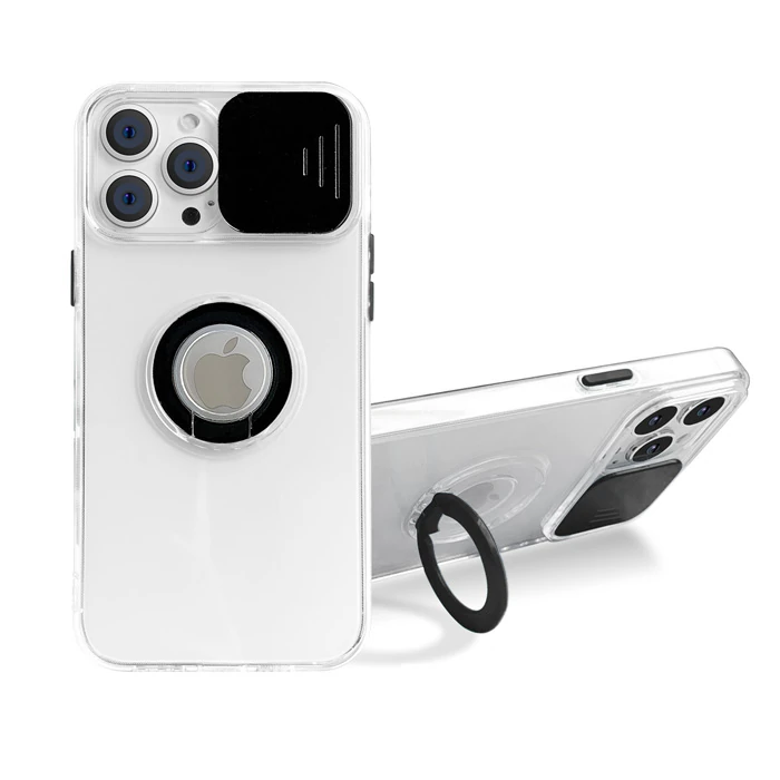 Ally iPhone 12 Pro Max Kılıf Sürgülü Kamera Lens Korumalı Yüzük Standlı Silikon Kılıf - Siyah
