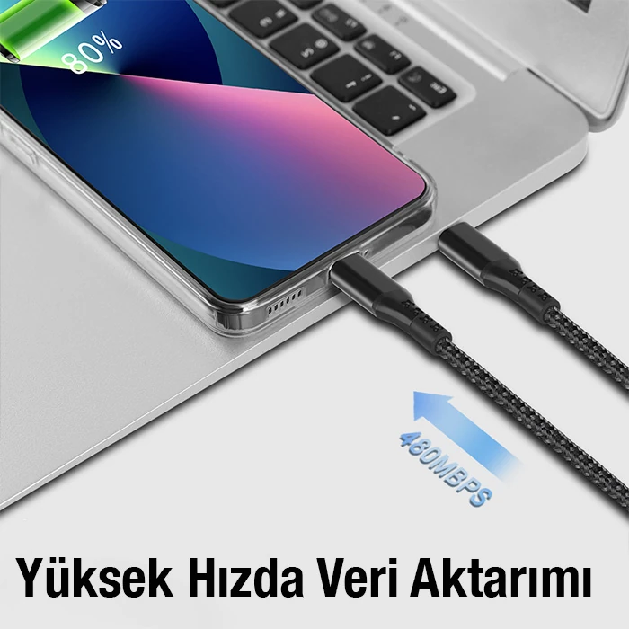 Ally 1mt 27W Type-C To iPhone Lightning Süper Hızlı Data ve Şarj Kablosu Akım ve Isı Korumalı Halat - Siyah