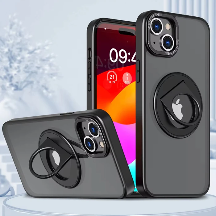 Ally iPhone 15 Plus İçin Magsafe Uyumlu Yüzük Standlı Manyetik Silikon Kılıf - Siyah