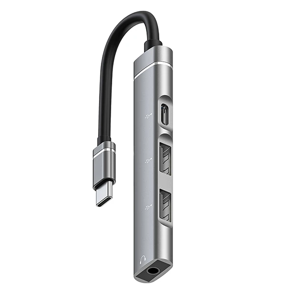 Ally 4in1 Type-C+3.5mm+USB Girişli Çoğaltıcı Adaptör Çevirici Hub - Gri