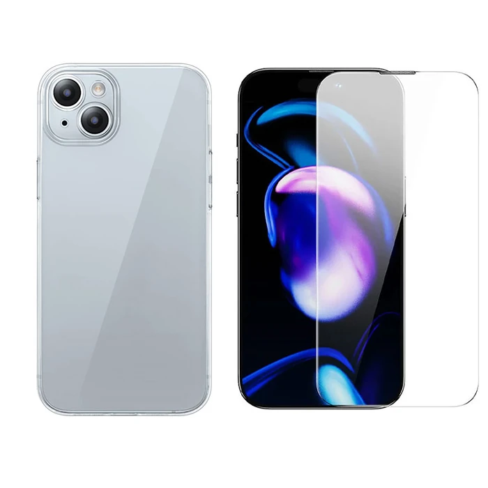 Baseus iPhone 15 Plus Schott Serisi Şeffaf Silikon Kılıf + Tempered Ekran Koruyucu Set - Şeffaf 2