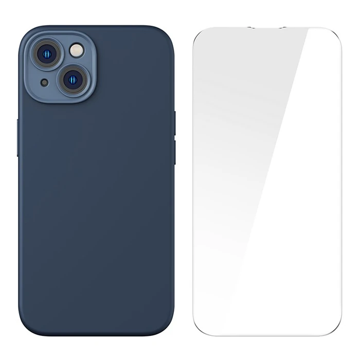 Baseus Liquid Silica Gel iPhone 14 6.1 Magsafe Silikon Kılıf + Tempered Ekran Koruyucu Set - Mavi