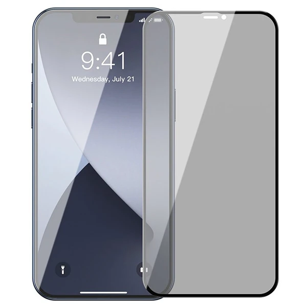 Baseus İPhone 12 Pro Max 6.7 023mm Anti Spy Çerçeveli Tempered Cam Ekran Koruyucu 2 Adet Set - Siyah