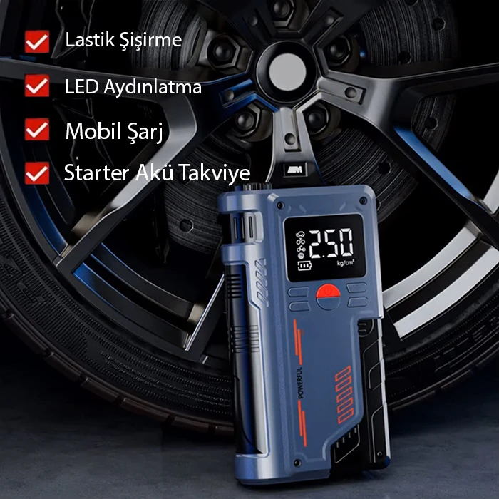 Ezere ST-9631 Pro Taşınabilir Göstergeli Araç Lastik Şişirme Ve Starter Akü Takviye Seti - Siyah