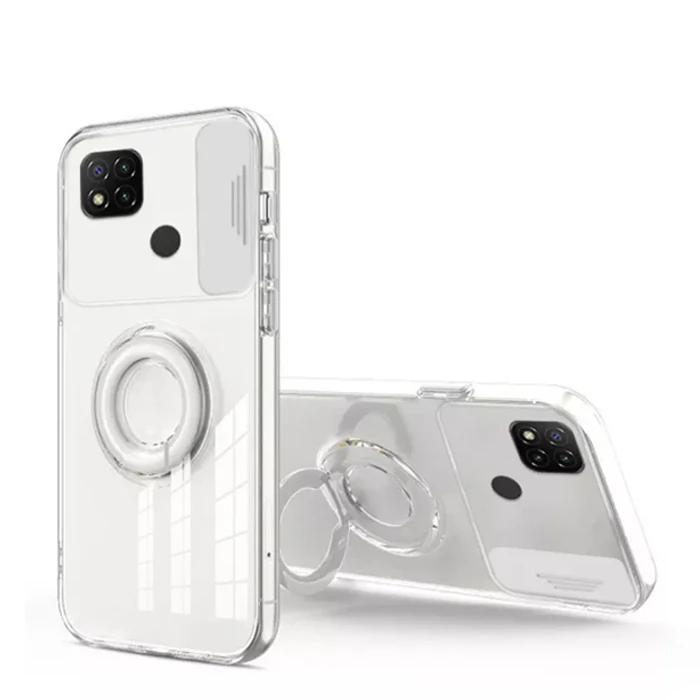 Ally Xiaomi Redmi 9C Kılıf Sürgülü Kamera Lens Korumalı Yüzük Standlı Silikon Kılıf - Beyaz