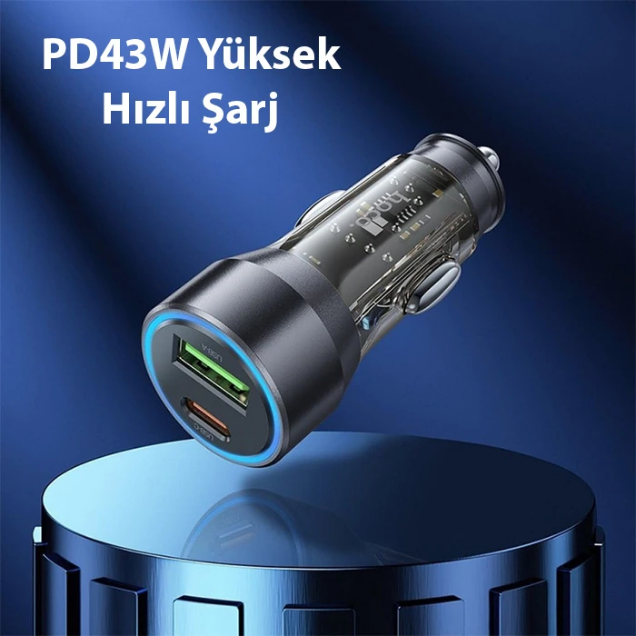 Hoco NZ12A Action PD43W USB + Type-C Hızlı Şarj Araç Çakmaklı Şarj Aleti - Siyah