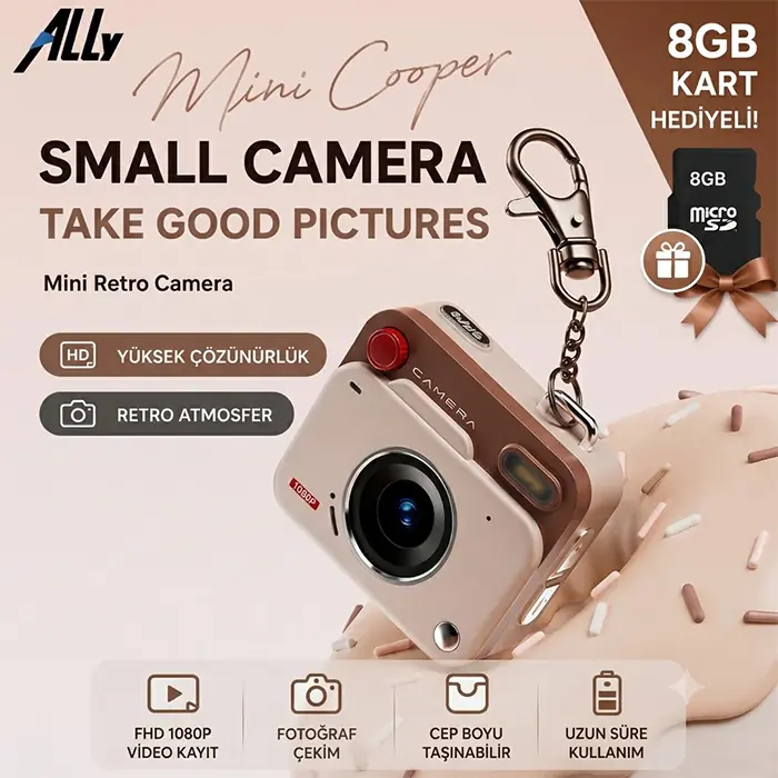 Ally PixMini Retro Video Dijital Kamera Ağ Kamerası DVR 1080P HD - Kahverengi