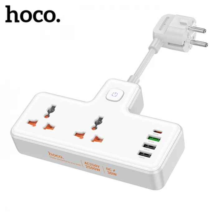 Hoco AC12A 2500W 2 Priz + 3 USB + 30W Type-C Multifonksiyonel Priz Çoğaltıcı Şarj Aleti - Beyaz