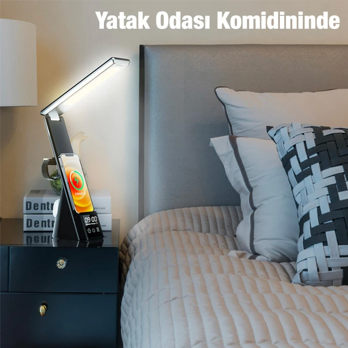 Ally Dijital Saatli 15W Kablosuz Şarjlı LED Işıklı Katlanabilir Masa Lambası - Beyaz